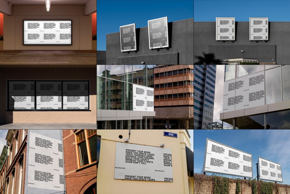 Poster mockup collection displayed in various urban settings, ideal for showcasing design work and enhancing presentations in a realistic context.